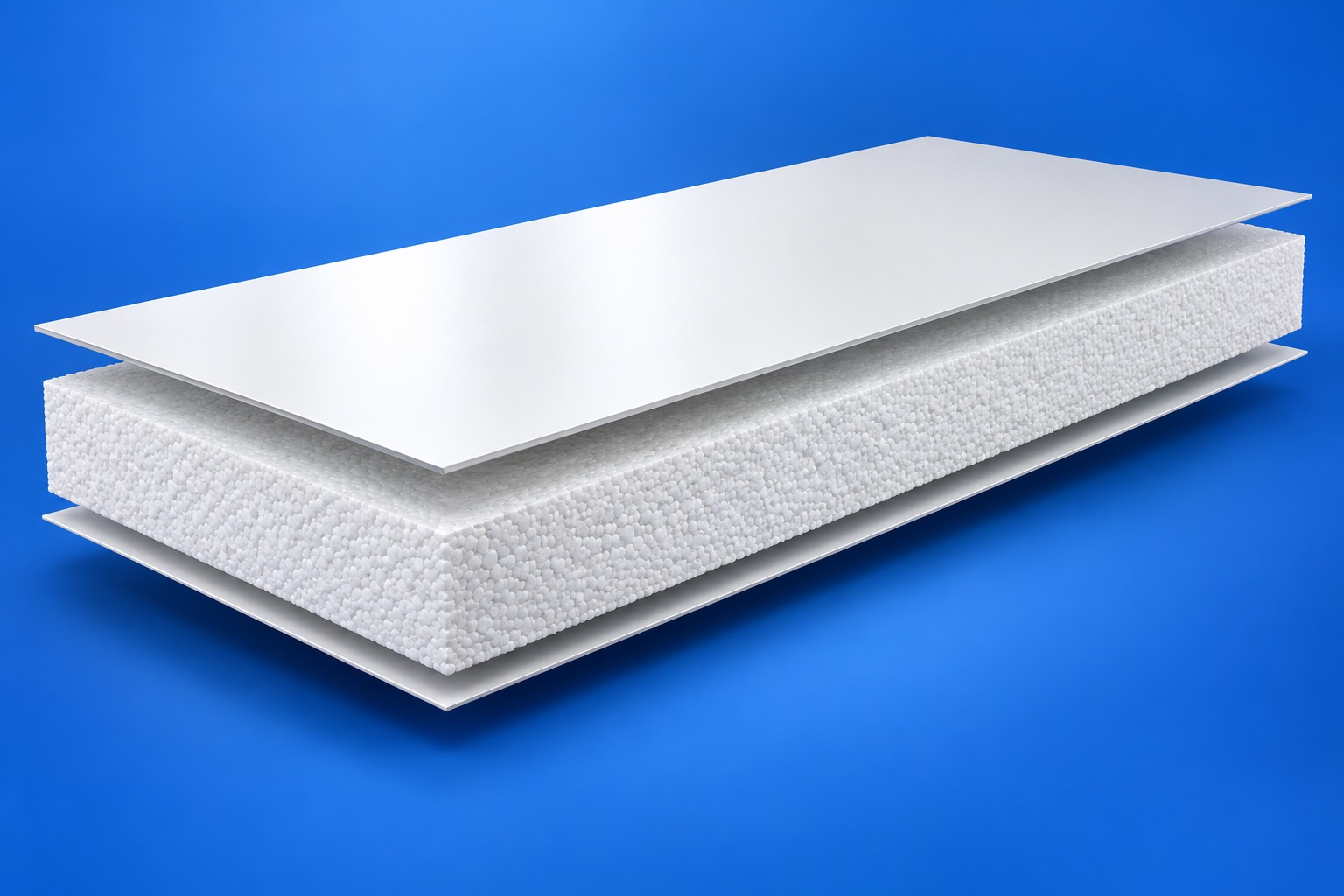 Ilustrasi struktur sandwich panel EPS: lapisan baja putih dan inti busa EPS